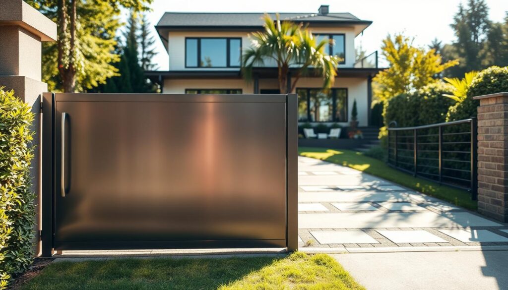 A metal sliding gate with a sleek, modern design stands in the foreground, its smooth surface reflecting the warm sunlight. The gate is situated in a well-manicured garden, surrounded by lush greenery and a stone pathway leading to a neatly paved driveway. In the background, a two-story house with a contemporary architectural style can be seen, its clean lines and large windows complementing the gate's minimalist aesthetic. The scene is captured with a wide-angle lens, emphasizing the overall harmonious composition and the seamless integration of the gate into the surrounding environment. The lighting is soft and natural, creating a welcoming and inviting atmosphere. A metal sliding gate with a sleek, modern design stands in the foreground, its smooth surface reflecting the warm sunlight. The gate is situated in a well-manicured garden, surrounded by lush greenery and a stone pathway leading to a neatly paved driveway. In the background, a two-story house with a contemporary architectural style can be seen, its clean lines and large windows complementing the gate's minimalist aesthetic. The scene is captured with a wide-angle lens, emphasizing the overall harmonious composition and the seamless integration of the gate into the surrounding environment. The lighting is soft and natural, creating a welcoming and inviting atmosphere.