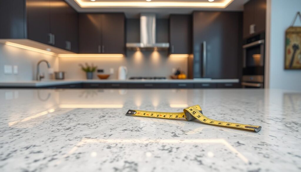 A modern, minimalist kitchen with sleek granite countertops. The countertops have a polished, lustrous finish that reflects the warm, indirect lighting from above. The foreground showcases the smooth, solid texture of the granite, drawing the viewer's attention to its premium quality and durability. In the middle ground, a tape measure and pricing tags indicate the value and cost-effectiveness of the expertly installed granite surfaces. The background features a softly blurred view of the kitchen, emphasizing the centerpiece of the countertops and their role in enhancing the home's overall design and functionality. A modern, minimalist kitchen with sleek granite countertops. The countertops have a polished, lustrous finish that reflects the warm, indirect lighting from above. The foreground showcases the smooth, solid texture of the granite, drawing the viewer's attention to its premium quality and durability. In the middle ground, a tape measure and pricing tags indicate the value and cost-effectiveness of the expertly installed granite surfaces. The background features a softly blurred view of the kitchen, emphasizing the centerpiece of the countertops and their role in enhancing the home's overall design and functionality.