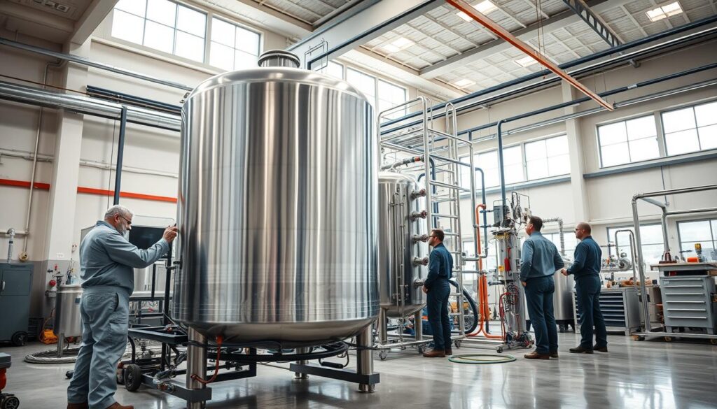A modern, well-lit industrial workshop with a focus on a meticulously organized tank installation process. In the foreground, a technician in a clean uniform carefully calibrates a sleek, stainless steel tank, surrounded by an array of specialized tools and equipment. In the middle ground, a team of experienced professionals smoothly integrates the tank into a complex network of piping and wiring, ensuring seamless system connectivity. The background features a high-ceilinged space with abundant natural lighting filtering through large windows, conveying a sense of precision, efficiency, and attention to detail that defines the expert Jojo tank installation services. A modern, well-lit industrial workshop with a focus on a meticulously organized tank installation process. In the foreground, a technician in a clean uniform carefully calibrates a sleek, stainless steel tank, surrounded by an array of specialized tools and equipment. In the middle ground, a team of experienced professionals smoothly integrates the tank into a complex network of piping and wiring, ensuring seamless system connectivity. The background features a high-ceilinged space with abundant natural lighting filtering through large windows, conveying a sense of precision, efficiency, and attention to detail that defines the expert Jojo tank installation services.