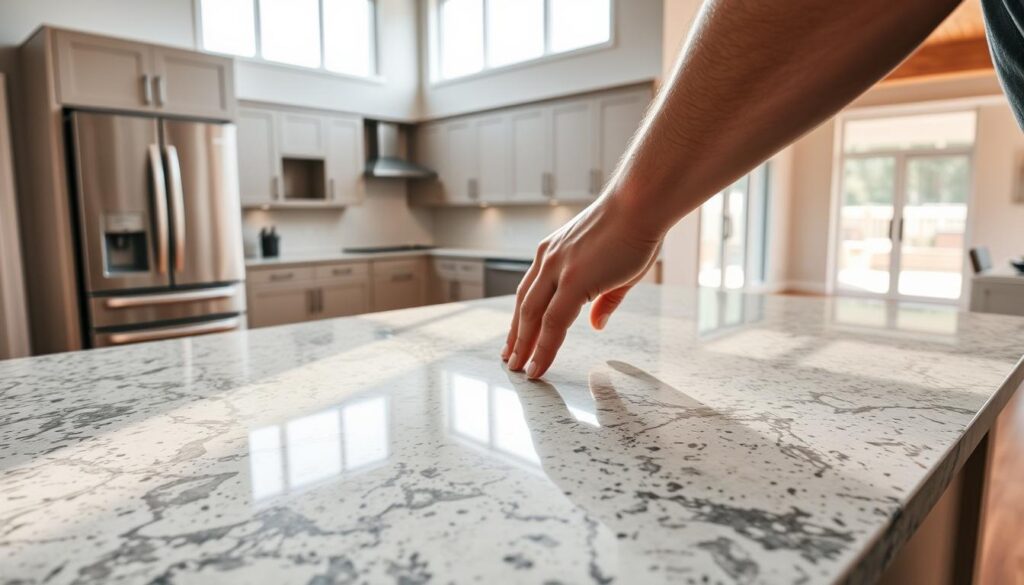 A pristine granite countertop being carefully installed in a modern kitchen, the light from large windows casting a warm glow on the natural stone surface. In the foreground, the skilled hands of a professional installer delicately aligning the edges, ensuring a seamless and flawless finish. In the middle ground, sleek kitchen appliances and cabinets in a neutral color palette complement the elegant granite. The background reveals a spacious, airy room with hardwood floors and minimalist decor, creating a harmonious and high-end atmosphere befitting a premium granite installation. A pristine granite countertop being carefully installed in a modern kitchen, the light from large windows casting a warm glow on the natural stone surface. In the foreground, the skilled hands of a professional installer delicately aligning the edges, ensuring a seamless and flawless finish. In the middle ground, sleek kitchen appliances and cabinets in a neutral color palette complement the elegant granite. The background reveals a spacious, airy room with hardwood floors and minimalist decor, creating a harmonious and high-end atmosphere befitting a premium granite installation.