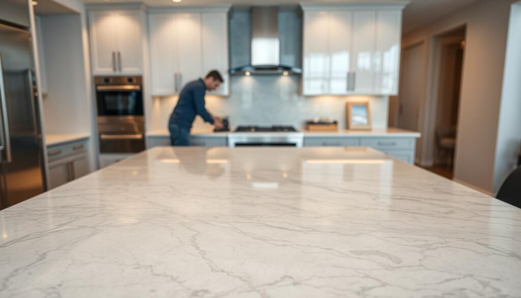 A pristine granite quartz countertop gleams under soft, warm lighting, creating a stunning centerpiece for a modern kitchen. In the foreground, the smooth, flawless surface reflects the refined elegance of the material, while intricate veining and subtle tones add depth and visual interest. The middle ground features a team of skilled technicians meticulously installing the countertop, their expertise evident in the precision of their movements. In the background, a backdrop of clean, minimalist cabinetry and appliances complements the premium quality of the granite quartz, creating a harmonious, high-end aesthetic. The overall scene conveys a sense of luxury, professionalism, and attention to detail, perfectly capturing the essence of a premium granite quartz service. A pristine granite quartz countertop gleams under soft, warm lighting, creating a stunning centerpiece for a modern kitchen. In the foreground, the smooth, flawless surface reflects the refined elegance of the material, while intricate veining and subtle tones add depth and visual interest. The middle ground features a team of skilled technicians meticulously installing the countertop, their expertise evident in the precision of their movements. In the background, a backdrop of clean, minimalist cabinetry and appliances complements the premium quality of the granite quartz, creating a harmonious, high-end aesthetic. The overall scene conveys a sense of luxury, professionalism, and attention to detail, perfectly capturing the essence of a premium granite quartz service.