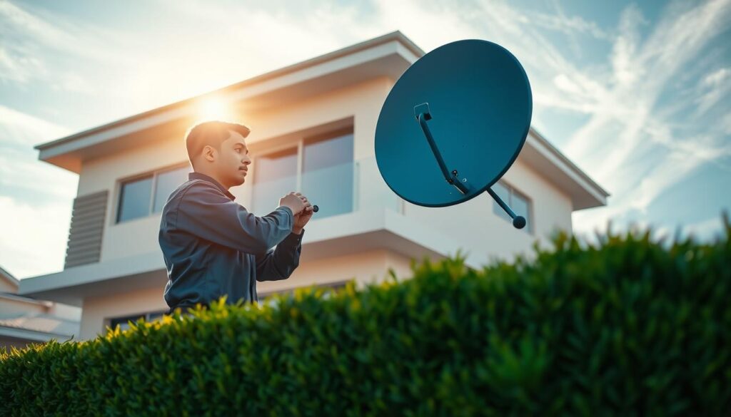 A professional DStv installer, clad in a navy-blue uniform, expertly wiring a satellite dish on the side of a modern two-story house. The sun casts a warm glow, illuminating the installer's focused expression as they work diligently, ensuring precise cable placement and secure mounting. In the middle-ground, a well-manicured lawn and a neatly trimmed hedge frame the scene, conveying a sense of pride and attention to detail. The background features a clear sky with wispy clouds, creating a serene and professional atmosphere. The overall composition suggests a skilled, reliable, and dedicated DStv service provider, ready to deliver top-notch installation and repair services to the residents of Pretoria. A professional DStv installer, clad in a navy-blue uniform, expertly wiring a satellite dish on the side of a modern two-story house. The sun casts a warm glow, illuminating the installer's focused expression as they work diligently, ensuring precise cable placement and secure mounting. In the middle-ground, a well-manicured lawn and a neatly trimmed hedge frame the scene, conveying a sense of pride and attention to detail. The background features a clear sky with wispy clouds, creating a serene and professional atmosphere. The overall composition suggests a skilled, reliable, and dedicated DStv service provider, ready to deliver top-notch installation and repair services to the residents of Pretoria.