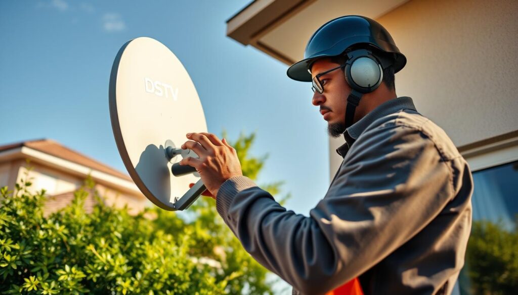 A professional and well-equipped DSTV technician meticulously installing a satellite dish on the exterior of a modern suburban home in Germiston, South Africa. The scene is captured with a wide-angle lens, showcasing the technician's expertise as he carefully aligns the dish against a backdrop of lush greenery and clear blue skies. The warm, natural lighting illuminates the technician's focused expression, conveying the attention to detail and commitment required for a successful DSTV installation. The overall composition and attention to realistic details aim to visually communicate the quality of DSTV installation services available in the Germiston area. A professional and well-equipped DSTV technician meticulously installing a satellite dish on the exterior of a modern suburban home in Germiston, South Africa. The scene is captured with a wide-angle lens, showcasing the technician's expertise as he carefully aligns the dish against a backdrop of lush greenery and clear blue skies. The warm, natural lighting illuminates the technician's focused expression, conveying the attention to detail and commitment required for a successful DSTV installation. The overall composition and attention to realistic details aim to visually communicate the quality of DSTV installation services available in the Germiston area.