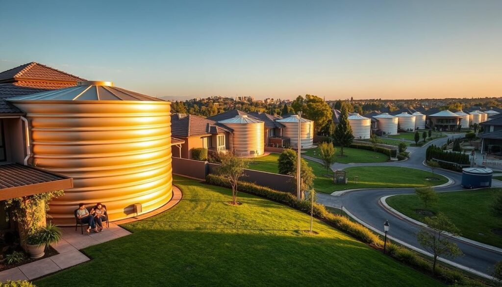 A serene Sandton suburb with meticulously installed Jojo water tanks, their smooth curves gleaming in the warm afternoon sunlight. Lush green lawns and well-tended gardens surround the modern homes, creating a tranquil, picturesque scene. The tanks are strategically placed, blending seamlessly with the architectural design, their presence a testament to the region's commitment to sustainability. In the foreground, a family relaxes on their patio, enjoying the peaceful ambiance, while in the distance, a winding street leads past more Jojo tank installations, each one a unique masterpiece of form and function. A serene Sandton suburb with meticulously installed Jojo water tanks, their smooth curves gleaming in the warm afternoon sunlight. Lush green lawns and well-tended gardens surround the modern homes, creating a tranquil, picturesque scene. The tanks are strategically placed, blending seamlessly with the architectural design, their presence a testament to the region's commitment to sustainability. In the foreground, a family relaxes on their patio, enjoying the peaceful ambiance, while in the distance, a winding street leads past more Jojo tank installations, each one a unique masterpiece of form and function.