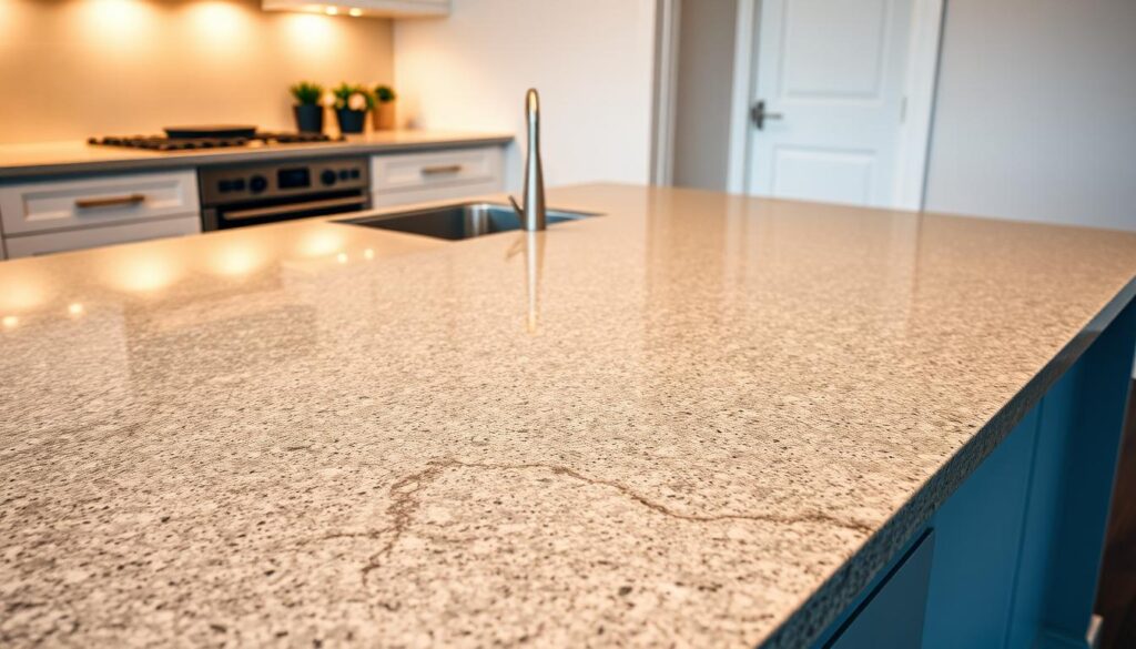 A sleek and elegant kitchen countertop, crafted from shimmering gray granite with subtle veining. The surface is smooth and polished, reflecting the warm, diffused lighting overhead. Arranged atop the countertop are a few decorative elements, such as a potted plant and a simple vase of fresh flowers, adding a touch of natural beauty. The countertop extends seamlessly into the background, where the walls are painted in a soothing neutral tone, creating a harmonious and inviting atmosphere. The scene is captured from a slightly elevated angle, allowing the viewer to appreciate the craftsmanship and attention to detail that has gone into the design. A sleek and elegant kitchen countertop, crafted from shimmering gray granite with subtle veining. The surface is smooth and polished, reflecting the warm, diffused lighting overhead. Arranged atop the countertop are a few decorative elements, such as a potted plant and a simple vase of fresh flowers, adding a touch of natural beauty. The countertop extends seamlessly into the background, where the walls are painted in a soothing neutral tone, creating a harmonious and inviting atmosphere. The scene is captured from a slightly elevated angle, allowing the viewer to appreciate the craftsmanship and attention to detail that has gone into the design.