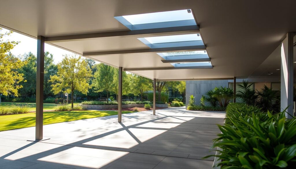 A sleek and modern shadeport structure with clean lines and a minimalist design, surrounded by lush greenery and a tranquil outdoor setting. The structure features a low-profile roof supported by slender metal posts, casting gentle shadows on the paved ground below. The sun filters through the openings, creating a warm, inviting ambiance. The scene is captured from a slightly elevated angle, showcasing the thoughtful integration of the shadeport into the natural landscape. The overall composition conveys a sense of tranquility, functionality, and a seamless blending of indoor and outdoor spaces. A sleek and modern shadeport structure with clean lines and a minimalist design, surrounded by lush greenery and a tranquil outdoor setting. The structure features a low-profile roof supported by slender metal posts, casting gentle shadows on the paved ground below. The sun filters through the openings, creating a warm, inviting ambiance. The scene is captured from a slightly elevated angle, showcasing the thoughtful integration of the shadeport into the natural landscape. The overall composition conveys a sense of tranquility, functionality, and a seamless blending of indoor and outdoor spaces.