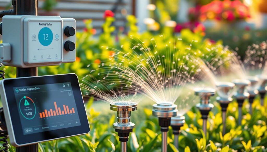 A sleek, modern smart irrigation system with state-of-the-art sensors and control panels. In the foreground, a touchscreen display shows intuitive water usage data and scheduling options. In the middle ground, precision sprinklers and drip emitters are arranged neatly, their polished metal casings gleaming under warm, natural lighting. The background features a lush, thriving garden, its plants and flowers subtly swaying as the system optimizes water distribution. The overall scene conveys efficiency, sustainability, and a harmonious integration of technology and nature.