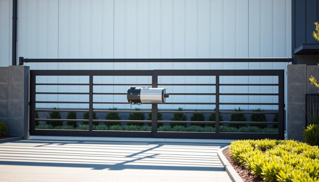 A sliding gate motor in a well-lit, modern industrial setting. The motor is mounted on a sleek, powder-coated metal gate, its mechanisms clearly visible. The gate is set against a backdrop of a clean, minimalist building facade, with a neatly landscaped garden in the foreground. The lighting is crisp and even, casting long shadows and highlighting the various components of the gate motor. The overall scene conveys a sense of efficiency, reliability, and attention to detail, reflecting the expertise and comprehensive services offered for sliding and swing gates. A sliding gate motor in a well-lit, modern industrial setting. The motor is mounted on a sleek, powder-coated metal gate, its mechanisms clearly visible. The gate is set against a backdrop of a clean, minimalist building facade, with a neatly landscaped garden in the foreground. The lighting is crisp and even, casting long shadows and highlighting the various components of the gate motor. The overall scene conveys a sense of efficiency, reliability, and attention to detail, reflecting the expertise and comprehensive services offered for sliding and swing gates.