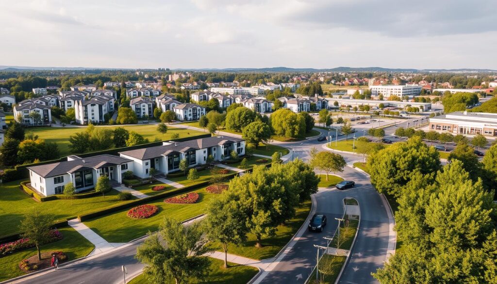 A sprawling residential community nestled among lush greenery, punctuated by a thriving commercial district. Sleek, modern buildings with clean lines and large windows reflect the natural light, creating a warm, inviting ambiance. Manicured lawns, vibrant flower beds, and neatly trimmed hedges frame the scene, conveying a sense of harmony and balance. In the foreground, people stroll along the tree-lined streets, while vehicles seamlessly navigate the well-designed roads and parking areas. The overall composition exudes a peaceful, yet energetic atmosphere, showcasing the perfect blend of residential and commercial spaces. A sprawling residential community nestled among lush greenery, punctuated by a thriving commercial district. Sleek, modern buildings with clean lines and large windows reflect the natural light, creating a warm, inviting ambiance. Manicured lawns, vibrant flower beds, and neatly trimmed hedges frame the scene, conveying a sense of harmony and balance. In the foreground, people stroll along the tree-lined streets, while vehicles seamlessly navigate the well-designed roads and parking areas. The overall composition exudes a peaceful, yet energetic atmosphere, showcasing the perfect blend of residential and commercial spaces.