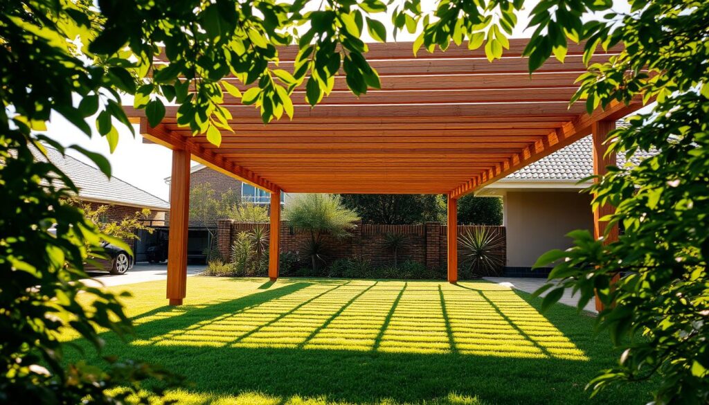 A sun-dappled shadeport nestled in a lush Pretoria suburb, its elegant wooden structure casting intricate shadows on the well-manicured lawn below. Vibrant foliage frames the scene, hinting at the verdant gardens beyond. The structure is bathed in warm, golden light, creating a serene, inviting atmosphere. The design is both functional and aesthetically pleasing, seamlessly blending into the picturesque residential setting. Subtle details, such as the clean lines and natural materials, showcase the craftsmanship and attention to detail that define a high-quality shadeport installation. This idyllic scene captures the essence of the shadeport experience in Pretoria - a harmonious blend of practical shade and inviting outdoor ambiance. A sun-dappled shadeport nestled in a lush Pretoria suburb, its elegant wooden structure casting intricate shadows on the well-manicured lawn below. Vibrant foliage frames the scene, hinting at the verdant gardens beyond. The structure is bathed in warm, golden light, creating a serene, inviting atmosphere. The design is both functional and aesthetically pleasing, seamlessly blending into the picturesque residential setting. Subtle details, such as the clean lines and natural materials, showcase the craftsmanship and attention to detail that define a high-quality shadeport installation. This idyllic scene captures the essence of the shadeport experience in Pretoria - a harmonious blend of practical shade and inviting outdoor ambiance.