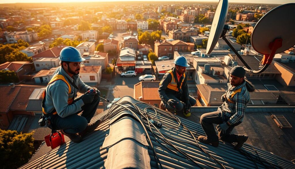 A sunny afternoon in Pretoria, skilled DStv installers diligently work on a rooftop, their trusted tools in hand. The foreground captures their focused expressions as they carefully connect cables and align satellite dishes, ensuring seamless DStv setup. In the middle ground, the neighborhood's vibrant streets and buildings provide a backdrop, conveying the image's urban setting. The warm, golden lighting casts a serene atmosphere, highlighting the technicians' professionalism and the community's trust in their expertise. The overall composition showcases the reliable, accredited DStv service available throughout Pretoria and its suburbs. A sunny afternoon in Pretoria, skilled DStv installers diligently work on a rooftop, their trusted tools in hand. The foreground captures their focused expressions as they carefully connect cables and align satellite dishes, ensuring seamless DStv setup. In the middle ground, the neighborhood's vibrant streets and buildings provide a backdrop, conveying the image's urban setting. The warm, golden lighting casts a serene atmosphere, highlighting the technicians' professionalism and the community's trust in their expertise. The overall composition showcases the reliable, accredited DStv service available throughout Pretoria and its suburbs.