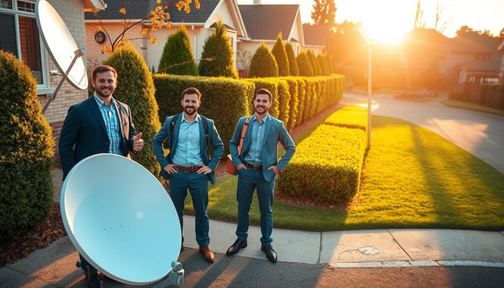 A team of DStv technicians in uniform standing in a suburban street, carrying tools and equipment. The foreground shows them preparing to install or repair a satellite dish on a residential home, with neatly trimmed hedges and a well-manicured lawn in the background. Warm afternoon sunlight casts long shadows, creating a sense of productivity and efficiency. The technicians have a friendly, approachable demeanor, conveying professionalism and customer service. The scene is framed with a wide-angle lens to capture the breadth of the suburban landscape, highlighting the reach and coverage of the DStv repair services. A team of DStv technicians in uniform standing in a suburban street, carrying tools and equipment. The foreground shows them preparing to install or repair a satellite dish on a residential home, with neatly trimmed hedges and a well-manicured lawn in the background. Warm afternoon sunlight casts long shadows, creating a sense of productivity and efficiency. The technicians have a friendly, approachable demeanor, conveying professionalism and customer service. The scene is framed with a wide-angle lens to capture the breadth of the suburban landscape, highlighting the reach and coverage of the DStv repair services.