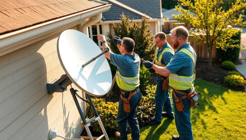 A team of skilled, uniformed technicians expertly installing a satellite dish on a well-maintained suburban home. The installers move with confidence, utilizing professional tools and equipment to ensure a precise, efficient setup. Warm, natural lighting illuminates the scene, casting gentle shadows that convey a sense of diligence and attention to detail. The landscaped yard in the background suggests a well-cared-for, trustworthy neighborhood setting. An atmosphere of reliability, expertise, and customer-focused service permeates the image. A team of skilled, uniformed technicians expertly installing a satellite dish on a well-maintained suburban home. The installers move with confidence, utilizing professional tools and equipment to ensure a precise, efficient setup. Warm, natural lighting illuminates the scene, casting gentle shadows that convey a sense of diligence and attention to detail. The landscaped yard in the background suggests a well-cared-for, trustworthy neighborhood setting. An atmosphere of reliability, expertise, and customer-focused service permeates the image.