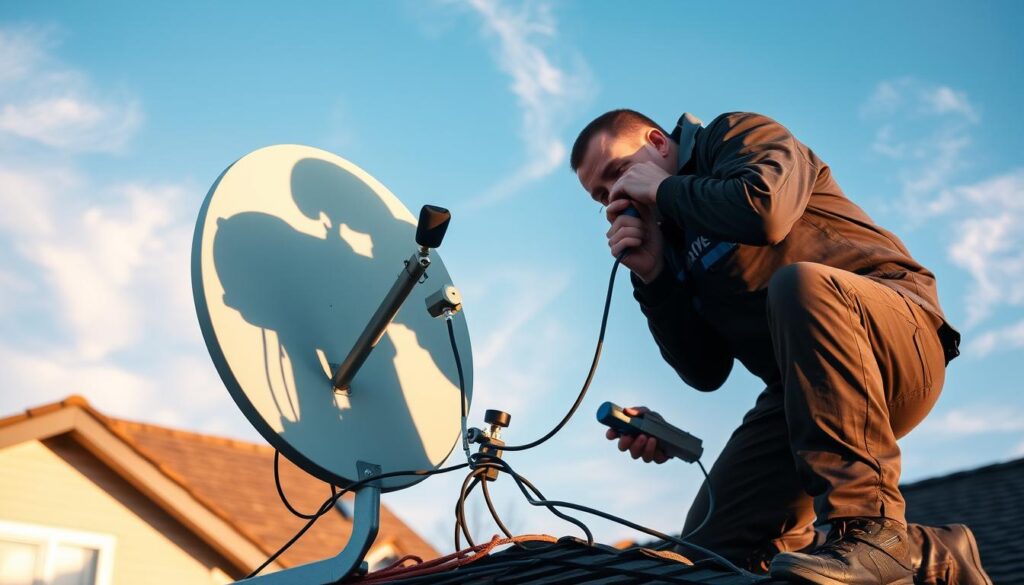 A technician carefully inspecting and repairing a satellite dish on the rooftop of a suburban house. The dish is mounted on a sturdy metal frame, with cables and connectors visible. Warm afternoon sunlight casts gentle shadows on the scene, creating a sense of depth and dimension. The technician, wearing a uniform with a company logo, is focused on the task at hand, using specialized tools to diagnose and fix any issues with the dish. The background features a clear blue sky with a few wispy clouds, providing a peaceful, professional atmosphere for the repair work. A technician carefully inspecting and repairing a satellite dish on the rooftop of a suburban house. The dish is mounted on a sturdy metal frame, with cables and connectors visible. Warm afternoon sunlight casts gentle shadows on the scene, creating a sense of depth and dimension. The technician, wearing a uniform with a company logo, is focused on the task at hand, using specialized tools to diagnose and fix any issues with the dish. The background features a clear blue sky with a few wispy clouds, providing a peaceful, professional atmosphere for the repair work.