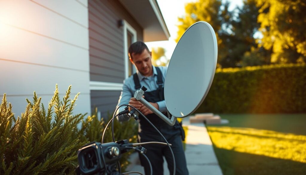 A technician carefully installing a satellite dish on the side of a modern house, surrounded by lush greenery. The scene is bathed in warm, golden sunlight, casting soft shadows and highlighting the intricate details of the installation process. The technician, dressed in a uniform, is focused and meticulous, using specialized tools to ensure a secure and precise mounting. In the foreground, cables and connectors are neatly organized, while the middle ground showcases the dish's sleek, satellite-like design. In the background, a well-maintained lawn and vibrant foliage create a tranquil, professional setting, conveying a sense of expertise and customer care. A technician carefully installing a satellite dish on the side of a modern house, surrounded by lush greenery. The scene is bathed in warm, golden sunlight, casting soft shadows and highlighting the intricate details of the installation process. The technician, dressed in a uniform, is focused and meticulous, using specialized tools to ensure a secure and precise mounting. In the foreground, cables and connectors are neatly organized, while the middle ground showcases the dish's sleek, satellite-like design. In the background, a well-maintained lawn and vibrant foliage create a tranquil, professional setting, conveying a sense of expertise and customer care.