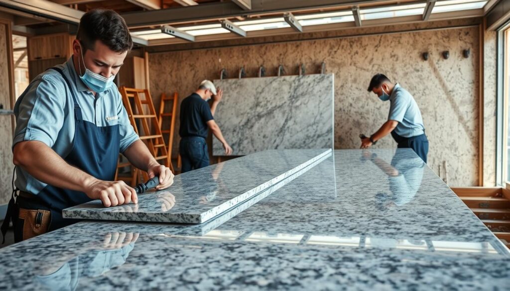 A well-lit, detailed scene of a granite installation process. In the foreground, skilled technicians carefully measure and cut granite slabs with precision tools. In the middle ground, the slabs are meticulously positioned and secured onto a sturdy framework. The background reveals the underlying structure, showcasing the professional, step-by-step approach to achieving a flawless, seamless granite surface. Warm, natural lighting casts gentle shadows, highlighting the smooth, polished granite texture. The overall atmosphere conveys a sense of expertise, care, and attention to detail, capturing the essence of a high-quality granite installation. A well-lit, detailed scene of a granite installation process. In the foreground, skilled technicians carefully measure and cut granite slabs with precision tools. In the middle ground, the slabs are meticulously positioned and secured onto a sturdy framework. The background reveals the underlying structure, showcasing the professional, step-by-step approach to achieving a flawless, seamless granite surface. Warm, natural lighting casts gentle shadows, highlighting the smooth, polished granite texture. The overall atmosphere conveys a sense of expertise, care, and attention to detail, capturing the essence of a high-quality granite installation.