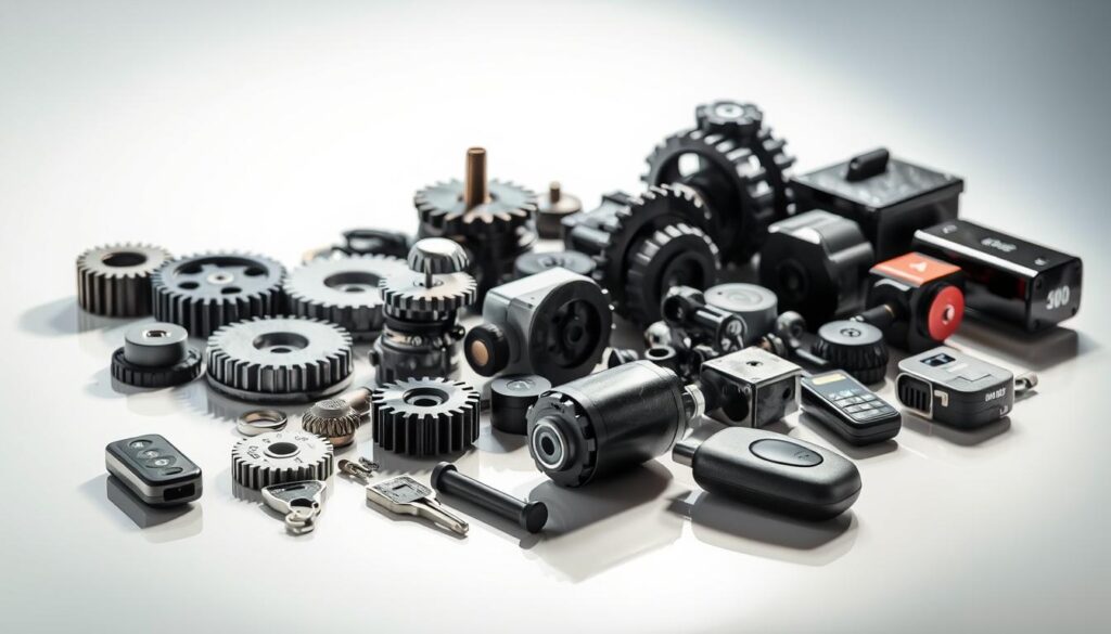 A well-lit, high-contrast image of an assortment of brand-name spare parts and accessories for gate motors, including gears, motors, remotes, and other components. The parts are arranged neatly on a clean, reflective surface, with a sense of order and organization. The lighting is directional, creating distinct shadows and highlights that emphasize the textures and details of the parts. The composition is balanced, with the parts taking up the majority of the frame, and the background is blurred, keeping the focus on the subject matter. The overall mood is one of professionalism, expertise, and attention to detail. A well-lit, high-contrast image of an assortment of brand-name spare parts and accessories for gate motors, including gears, motors, remotes, and other components. The parts are arranged neatly on a clean, reflective surface, with a sense of order and organization. The lighting is directional, creating distinct shadows and highlights that emphasize the textures and details of the parts. The composition is balanced, with the parts taking up the majority of the frame, and the background is blurred, keeping the focus on the subject matter. The overall mood is one of professionalism, expertise, and attention to detail.