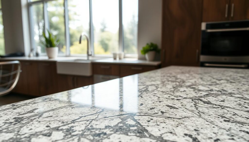 A well-lit, high-quality close-up photograph of a granite countertop, showcasing its natural patterns and textures. The countertop is positioned in a clean, modern kitchen setting, with natural lighting flooding the scene from large windows in the background. The image captures the elegant and durable nature of the granite, highlighting its sleek, polished finish and the intricate veining that runs through the material. The overall composition emphasizes the beauty and versatility of granite as a premium countertop choice for both homes and offices. A well-lit, high-quality close-up photograph of a granite countertop, showcasing its natural patterns and textures. The countertop is positioned in a clean, modern kitchen setting, with natural lighting flooding the scene from large windows in the background. The image captures the elegant and durable nature of the granite, highlighting its sleek, polished finish and the intricate veining that runs through the material. The overall composition emphasizes the beauty and versatility of granite as a premium countertop choice for both homes and offices.