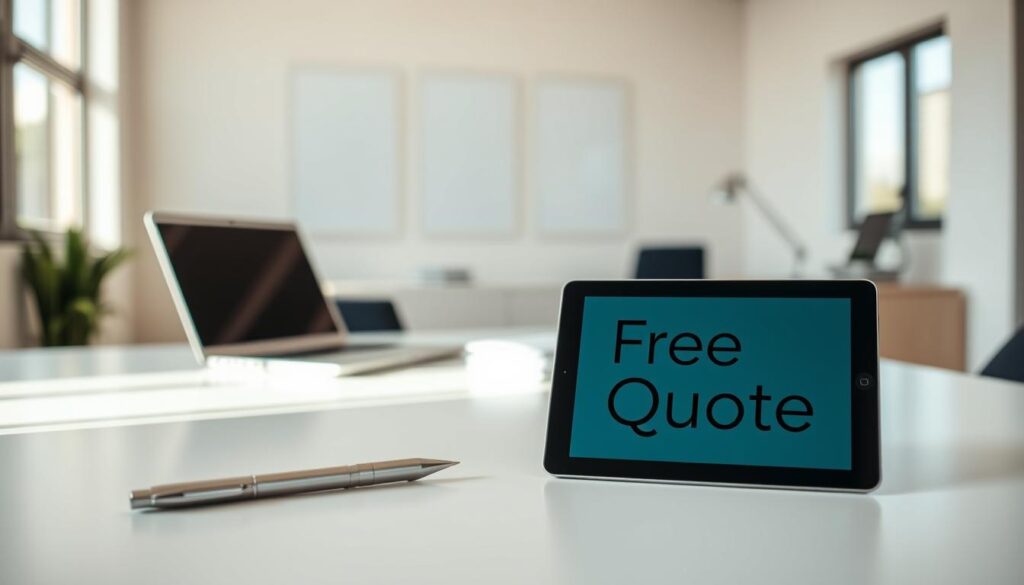 A well-lit, modern office interior with a clean, minimalist desk. On the desk, a laptop and a stack of neatly organized documents. In the foreground, a pen and a tablet displaying the words "Free Quote" in a sleek, modern font. The lighting is soft and natural, creating a warm and professional atmosphere. The background is blurred, creating a sense of focus on the desk and the "Free Quote" display. The image conveys a sense of efficiency, reliability, and attention to detail, reflecting the subject of "Expert irrigation system Services" and the section title "How we work: fast, reliable service from quote to clean-up".
