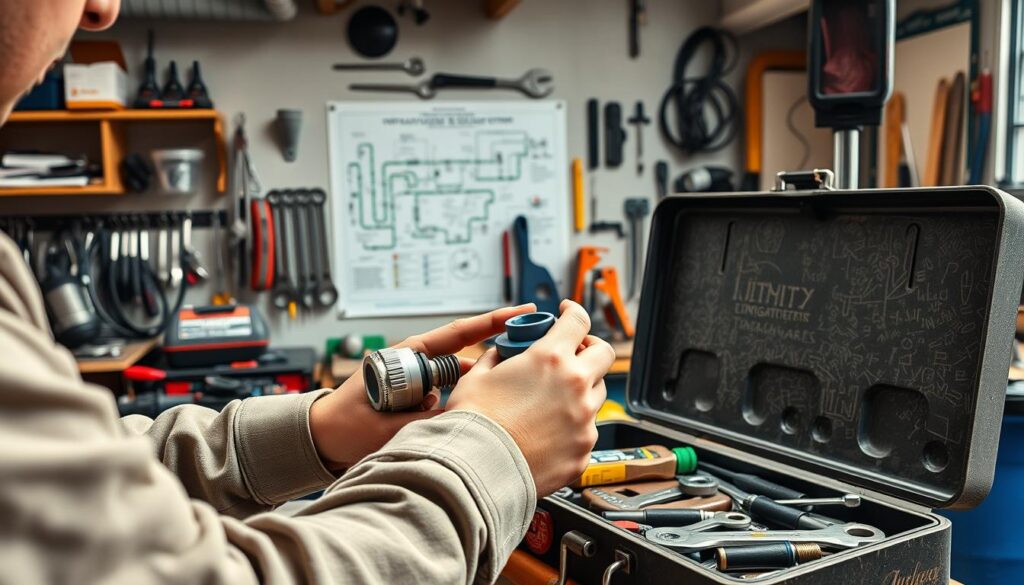 A well-lit workshop with an array of irrigation tools and equipment. In the foreground, a technician diligently repairing a sprinkler head, their hands expertly working the mechanism. Behind them, a workbench laden with spare parts, wrenches, and other maintenance essentials. The middle ground showcases an open toolbox, its contents neatly organized, ready for any irrigation system repair. In the background, a wall-mounted diagram outlining the various components of an irrigation system, providing a technical reference for the technician's work. The overall scene conveys a sense of professionalism, attention to detail, and a commitment to providing reliable irrigation maintenance services. A well-lit workshop with an array of irrigation tools and equipment. In the foreground, a technician diligently repairing a sprinkler head, their hands expertly working the mechanism. Behind them, a workbench laden with spare parts, wrenches, and other maintenance essentials. The middle ground showcases an open toolbox, its contents neatly organized, ready for any irrigation system repair. In the background, a wall-mounted diagram outlining the various components of an irrigation system, providing a technical reference for the technician's work. The overall scene conveys a sense of professionalism, attention to detail, and a commitment to providing reliable irrigation maintenance services.
