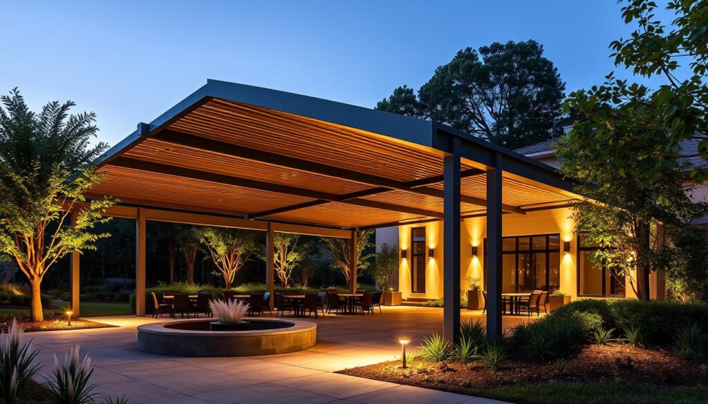 a lush, verdant commercial shadeport structure, casting soft shadows on the surrounding landscape. The structure is composed of a series of angled, slatted canopies made of high-quality, weather-resistant materials, providing ample shade and shelter for outdoor seating areas, walkways, and gathering spaces. The canopies are supported by sleek, modern columns that blend seamlessly with the overall design. The shadeport is situated in a well-maintained, landscaped area, with carefully curated plantings and water features that create a serene, inviting atmosphere. The lighting is a mix of warm, ambient illumination and strategically placed spotlights that accentuate the architectural details and create a welcoming ambiance, especially in the evening. The composition showcases the shadeport's functionality and aesthetic appeal, making it an ideal solution for commercial and estate settings. a lush, verdant commercial shadeport structure, casting soft shadows on the surrounding landscape. The structure is composed of a series of angled, slatted canopies made of high-quality, weather-resistant materials, providing ample shade and shelter for outdoor seating areas, walkways, and gathering spaces. The canopies are supported by sleek, modern columns that blend seamlessly with the overall design. The shadeport is situated in a well-maintained, landscaped area, with carefully curated plantings and water features that create a serene, inviting atmosphere. The lighting is a mix of warm, ambient illumination and strategically placed spotlights that accentuate the architectural details and create a welcoming ambiance, especially in the evening. The composition showcases the shadeport's functionality and aesthetic appeal, making it an ideal solution for commercial and estate settings.