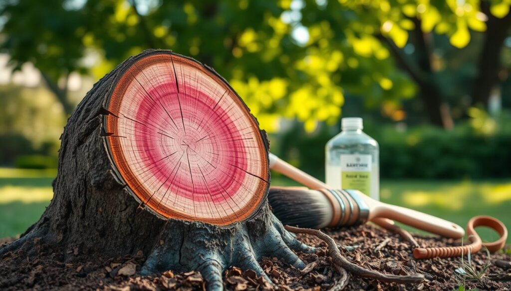 A close-up view of a freshly cut tree stump, showcasing the textured wood grain and the contrasting pinkish hue of the fresh cut against the dark brown bark. In the foreground, the stump is placed on a layer of soil showing some exposed roots. In the middle ground, various tools for chemical stump treatment, like a paintbrush and a container of liquid treatment, are artistically arranged. The background features a soft-focus of lush greenery, hinting at a suburban garden setting. The lighting is warm and natural, suggesting late afternoon sunlight filtering through tree leaves, casting gentle shadows. The overall mood conveys a professional approach to the stump treatment process, emphasizing care and expertise in landscaping. A close-up view of a freshly cut tree stump, showcasing the textured wood grain and the contrasting pinkish hue of the fresh cut against the dark brown bark. In the foreground, the stump is placed on a layer of soil showing some exposed roots. In the middle ground, various tools for chemical stump treatment, like a paintbrush and a container of liquid treatment, are artistically arranged. The background features a soft-focus of lush greenery, hinting at a suburban garden setting. The lighting is warm and natural, suggesting late afternoon sunlight filtering through tree leaves, casting gentle shadows. The overall mood conveys a professional approach to the stump treatment process, emphasizing care and expertise in landscaping.