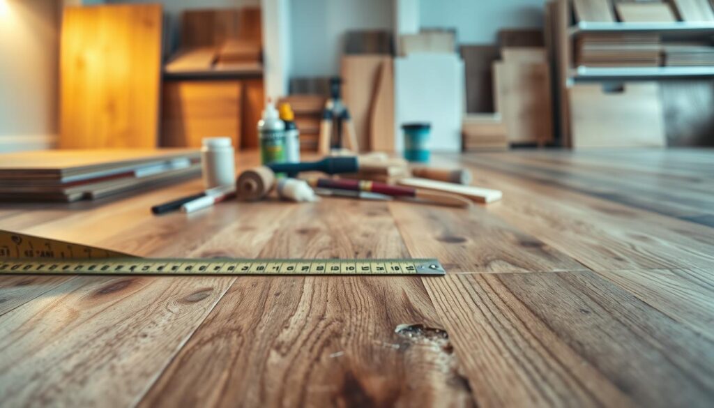 A close-up view of a wooden floor with distinct repair marks, showcasing various textures and color gradients to illustrate the difference between undamaged and repaired sections. The foreground features a measuring tape laid across the floor, emphasizing 'per square metre' pricing. In the middle, an assortment of wood repair tools and materials, such as wood filler, sandpaper, and a paintbrush, are arranged neatly. The background includes a softly lit workshop with wood flooring samples displayed on the shelves, adding depth and context. Soft, warm lighting creates an inviting atmosphere, enhancing the wood grain details while evoking a sense of professionalism and craftsmanship in the domain of flooring repair. Use a slight overhead angle to capture the entire composition effectively. A close-up view of a wooden floor with distinct repair marks, showcasing various textures and color gradients to illustrate the difference between undamaged and repaired sections. The foreground features a measuring tape laid across the floor, emphasizing 'per square metre' pricing. In the middle, an assortment of wood repair tools and materials, such as wood filler, sandpaper, and a paintbrush, are arranged neatly. The background includes a softly lit workshop with wood flooring samples displayed on the shelves, adding depth and context. Soft, warm lighting creates an inviting atmosphere, enhancing the wood grain details while evoking a sense of professionalism and craftsmanship in the domain of flooring repair. Use a slight overhead angle to capture the entire composition effectively.
