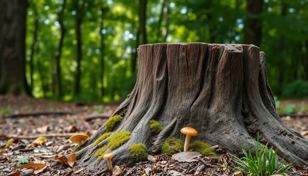 A detailed close-up of a weathered tree stump in a natural setting, showcasing its intricate textures and rings. The foreground features the stump with rich, rough bark and deep grooves, while small moss patches and mushrooms grow around its base, indicating age and decay. In the middle ground, there are scattered fallen leaves and a few short grasses, adding to the organic environment. The background consists of blurred green foliage, hinting at a dense forest, under soft, diffused sunlight filtering through the leaves, creating a calm and peaceful atmosphere. The image should convey a sense of natural beauty and the lifecycle of trees, captured with a shallow depth of field to emphasize the tree stump in sharp focus. A detailed close-up of a weathered tree stump in a natural setting, showcasing its intricate textures and rings. The foreground features the stump with rich, rough bark and deep grooves, while small moss patches and mushrooms grow around its base, indicating age and decay. In the middle ground, there are scattered fallen leaves and a few short grasses, adding to the organic environment. The background consists of blurred green foliage, hinting at a dense forest, under soft, diffused sunlight filtering through the leaves, creating a calm and peaceful atmosphere. The image should convey a sense of natural beauty and the lifecycle of trees, captured with a shallow depth of field to emphasize the tree stump in sharp focus.