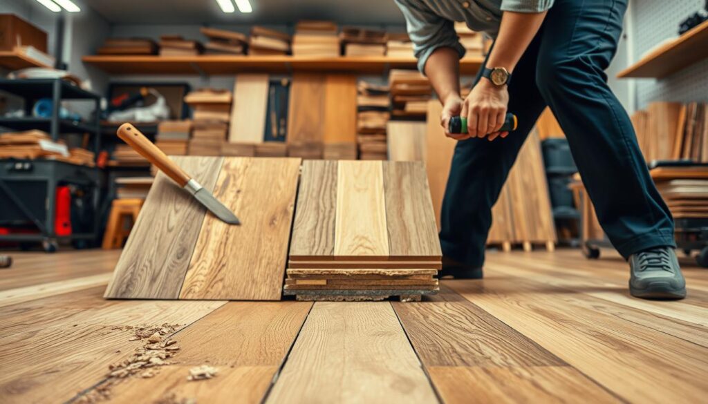 A detailed close-up view of a wood flooring repair scene, focusing on various factors affecting repair costs. In the foreground, a professional in smart casual clothing examines damaged hardwood flooring, holding repair tools like a chisel and adhesive. In the middle, display an assortment of wood planks with different finishes, textures, and types, symbolizing material options and their price variations. In the background, show a well-lit workshop environment with shelves holding tools, equipment, and samples, creating an atmosphere of professionalism and expertise. The lighting is bright and even, enhancing the details of the wood surfaces and tools. The overall mood conveys diligence and careful assessment in flooring repair. A detailed close-up view of a wood flooring repair scene, focusing on various factors affecting repair costs. In the foreground, a professional in smart casual clothing examines damaged hardwood flooring, holding repair tools like a chisel and adhesive. In the middle, display an assortment of wood planks with different finishes, textures, and types, symbolizing material options and their price variations. In the background, show a well-lit workshop environment with shelves holding tools, equipment, and samples, creating an atmosphere of professionalism and expertise. The lighting is bright and even, enhancing the details of the wood surfaces and tools. The overall mood conveys diligence and careful assessment in flooring repair.