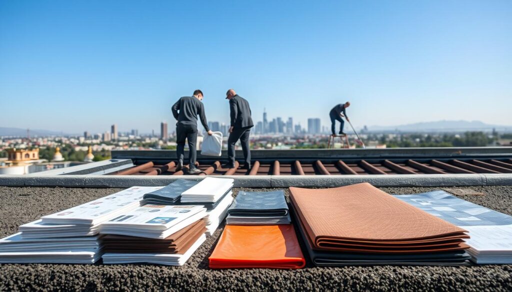 A detailed image showcasing various waterproofing systems for roofs, emphasizing a variety of materials such as liquid membranes, membrane sheets, and protective coatings. In the foreground, display samples of each waterproofing material, arranged on a textured surface. The middle layer should feature a partially completed roof project, demonstrating the application process, with professional workers in business attire diligently applying materials. In the background, a panoramic view of a city skyline, representing South Africa's major cities, can be seen under clear skies, conveying a sunny day mood. Use natural lighting to highlight the textures and colors of the materials, captured with a slightly elevated angle to provide depth. The overall atmosphere should feel professional and informative, suitable for an expert discussion on costs.