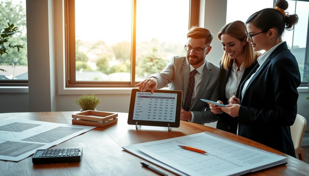 A professionally designed workspace focused on estimating wood flooring repair costs. In the foreground, a wooden desk with detailed diagrams of flooring patterns, a calculator, and a notepad filled with notes. In the middle, a team of two individuals in smart business attire—one pointing at a digital tablet showcasing cost estimates, and the other taking notes with a pencil. In the background, a window displaying a lush suburban landscape of Gauteng, with various trees and homes visible, indicative of the local environment. The lighting is soft and warm, creating an inviting atmosphere, with a focus on clarity and professionalism. The overall mood is one of collaboration and meticulous planning. A professionally designed workspace focused on estimating wood flooring repair costs. In the foreground, a wooden desk with detailed diagrams of flooring patterns, a calculator, and a notepad filled with notes. In the middle, a team of two individuals in smart business attire—one pointing at a digital tablet showcasing cost estimates, and the other taking notes with a pencil. In the background, a window displaying a lush suburban landscape of Gauteng, with various trees and homes visible, indicative of the local environment. The lighting is soft and warm, creating an inviting atmosphere, with a focus on clarity and professionalism. The overall mood is one of collaboration and meticulous planning.