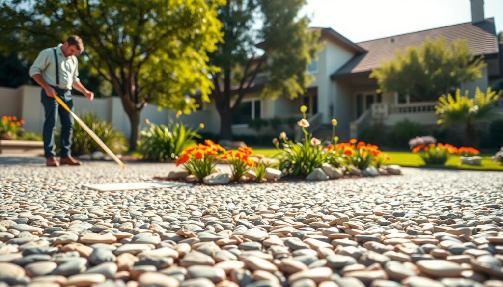 A serene and inviting outdoor scene showcasing a freshly installed pebble stone flooring in a sunlit garden setting. In the foreground, a meticulously arranged expanse of light and dark-colored pebble stones is illustrated, reflecting a polished finish. To the left, a professional contractor in smart casual attire inspects and measures the flooring, emphasizing attention to detail. In the middle ground, lush greenery and vibrant flowers harmonize with the stone work, illustrating the flooring's appeal in enhancing property value. The background features a suburban home that exemplifies modern architecture, partially shaded by trees. The lighting is warm and vibrant, evoking a sense of comfort and longevity, with a soft depth of field focusing on the flooring, providing a crisp and detailed view while blurring distant elements slightly to maintain focus on the installation. A serene and inviting outdoor scene showcasing a freshly installed pebble stone flooring in a sunlit garden setting. In the foreground, a meticulously arranged expanse of light and dark-colored pebble stones is illustrated, reflecting a polished finish. To the left, a professional contractor in smart casual attire inspects and measures the flooring, emphasizing attention to detail. In the middle ground, lush greenery and vibrant flowers harmonize with the stone work, illustrating the flooring's appeal in enhancing property value. The background features a suburban home that exemplifies modern architecture, partially shaded by trees. The lighting is warm and vibrant, evoking a sense of comfort and longevity, with a soft depth of field focusing on the flooring, providing a crisp and detailed view while blurring distant elements slightly to maintain focus on the installation.