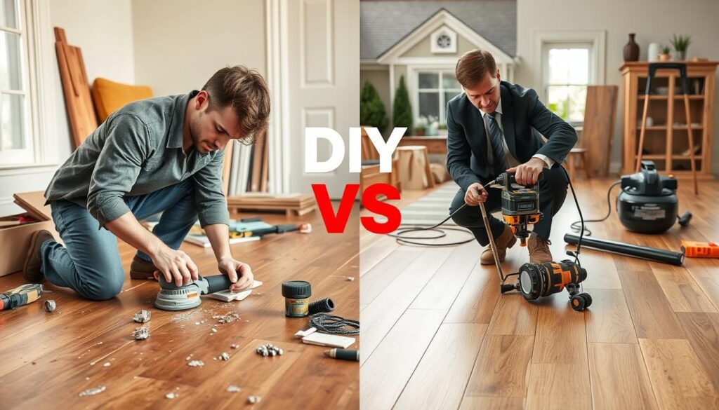 A split-image composition illustrating "DIY vs professional repair" of wood flooring, with a clear distinction between two halves. On the left, a DIY enthusiast in modest casual wear is crouched on a wooden floor, using tools like a sander and repair kit, surrounded by scattered materials, demonstrating a focused yet slightly chaotic atmosphere. The lighting is warm and soft, highlighting the imperfections and personal touch of a DIY project. On the right, a professional contractor in a smart business outfit is efficiently working on a polished, well-maintained wood floor, using advanced tools and demonstrating precise techniques, surrounded by neat equipment. The background features elements of a suburban home, creating a cohesive and inviting environment. The overall mood conveys a contrast between the hands-on, rugged appeal of DIY and the polished, high-quality finish of professional work. A split-image composition illustrating "DIY vs professional repair" of wood flooring, with a clear distinction between two halves. On the left, a DIY enthusiast in modest casual wear is crouched on a wooden floor, using tools like a sander and repair kit, surrounded by scattered materials, demonstrating a focused yet slightly chaotic atmosphere. The lighting is warm and soft, highlighting the imperfections and personal touch of a DIY project. On the right, a professional contractor in a smart business outfit is efficiently working on a polished, well-maintained wood floor, using advanced tools and demonstrating precise techniques, surrounded by neat equipment. The background features elements of a suburban home, creating a cohesive and inviting environment. The overall mood conveys a contrast between the hands-on, rugged appeal of DIY and the polished, high-quality finish of professional work.