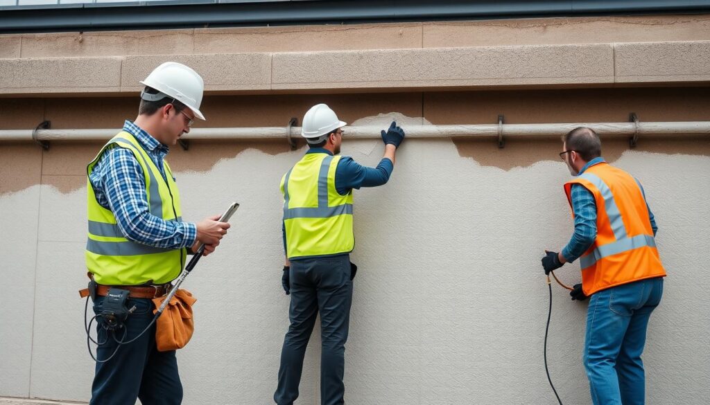 A visually engaging representation of key factors driving waterproofing costs, with an organized layout. In the foreground, a close-up of a construction worker in professional attire inspecting a waterproofing membrane, clipboard in hand, looking thoughtfully at the materials. In the middle, a detailed infographic-style layout showcasing various elements like material quality, labor costs, and weather considerations, illustrated through icons and graphs. The background features a cityscape of South African architecture under bright, natural daylight, highlighting the urban environment where waterproofing is crucial. Subtle shadows and warm tones create a professional and informative atmosphere, inviting viewers to understand the complexities of the topic without any text or markings.