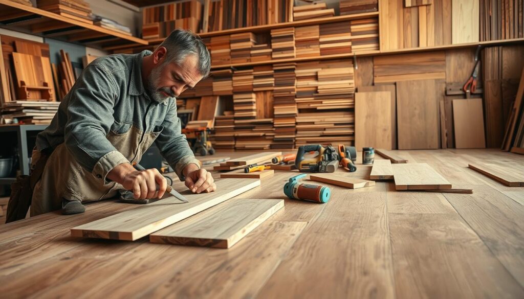A well-lit, professional workshop scene depicting a wood flooring repair process. In the foreground, a skilled craftsman wearing modest work attire carefully inspects a damaged wooden floor board, using precision tools like a chisel and saw. The middle layer showcases various tools and materials laid out methodically, including wood glue, sanding equipment, and replacement wood planks. In the background, shelves filled with wood finishes and textures provide a realistic atmosphere of an organized repair workspace. The lighting is warm and inviting, highlighting the craftsmanship and attention to detail. The overall mood conveys professionalism and expertise in wood flooring repair, reflecting the expertise found in Gauteng's flooring industry. A well-lit, professional workshop scene depicting a wood flooring repair process. In the foreground, a skilled craftsman wearing modest work attire carefully inspects a damaged wooden floor board, using precision tools like a chisel and saw. The middle layer showcases various tools and materials laid out methodically, including wood glue, sanding equipment, and replacement wood planks. In the background, shelves filled with wood finishes and textures provide a realistic atmosphere of an organized repair workspace. The lighting is warm and inviting, highlighting the craftsmanship and attention to detail. The overall mood conveys professionalism and expertise in wood flooring repair, reflecting the expertise found in Gauteng's flooring industry.