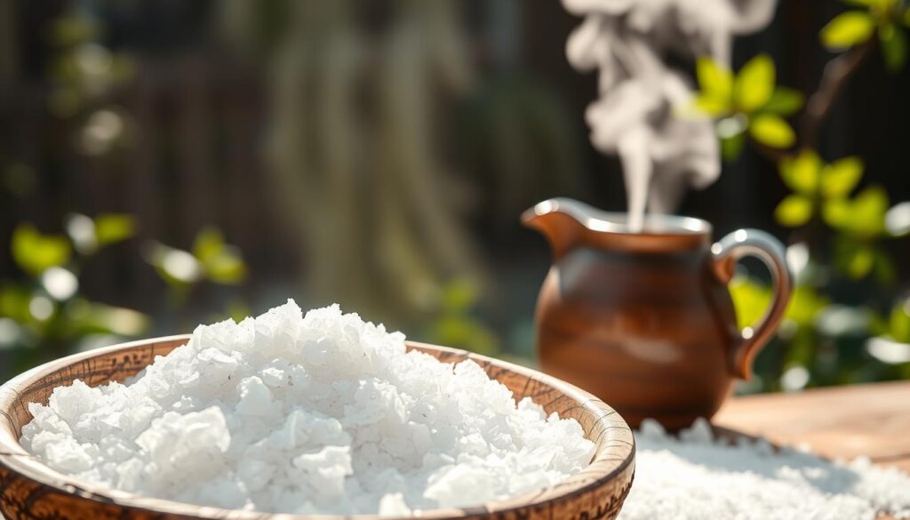 An aesthetically pleasing depiction of epsom salt in a rustic wooden bowl, prominently placed in the foreground. The bowl is filled with crystalline white epsom salt, glistening under soft, diffused natural light. In the middle ground, a small jug of hot water with steam rising gently illustrates the concept of using heat in the treatment process. The background features a serene, blurred garden setting, with subtle greenery and sunlight filtering through leaves, creating a tranquil atmosphere. Use a shallow depth of field to focus on the bowl and jug while softly blurring the surrounding details. The overall mood should convey calmness and the soothing properties of epsom salt in non-invasive stump treatment methods. An aesthetically pleasing depiction of epsom salt in a rustic wooden bowl, prominently placed in the foreground. The bowl is filled with crystalline white epsom salt, glistening under soft, diffused natural light. In the middle ground, a small jug of hot water with steam rising gently illustrates the concept of using heat in the treatment process. The background features a serene, blurred garden setting, with subtle greenery and sunlight filtering through leaves, creating a tranquil atmosphere. Use a shallow depth of field to focus on the bowl and jug while softly blurring the surrounding details. The overall mood should convey calmness and the soothing properties of epsom salt in non-invasive stump treatment methods.